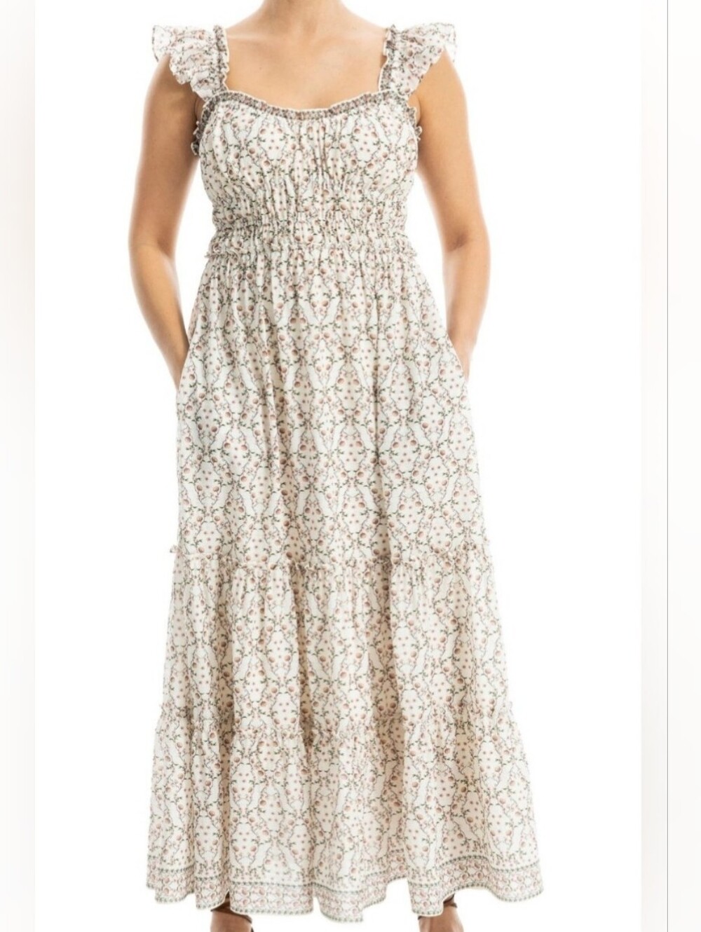 NWT - Max Studio Ruffle Strap Tiered Cream & Pink Floral Maxi Dress - Size L